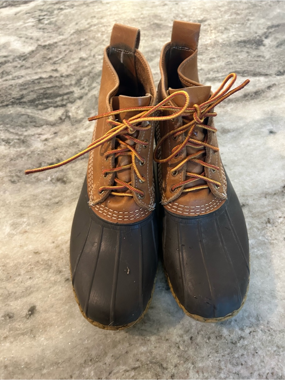 L.L. Bean Men's Brown Leather and Dark Rubber Duck Boots size 11 med unlined
